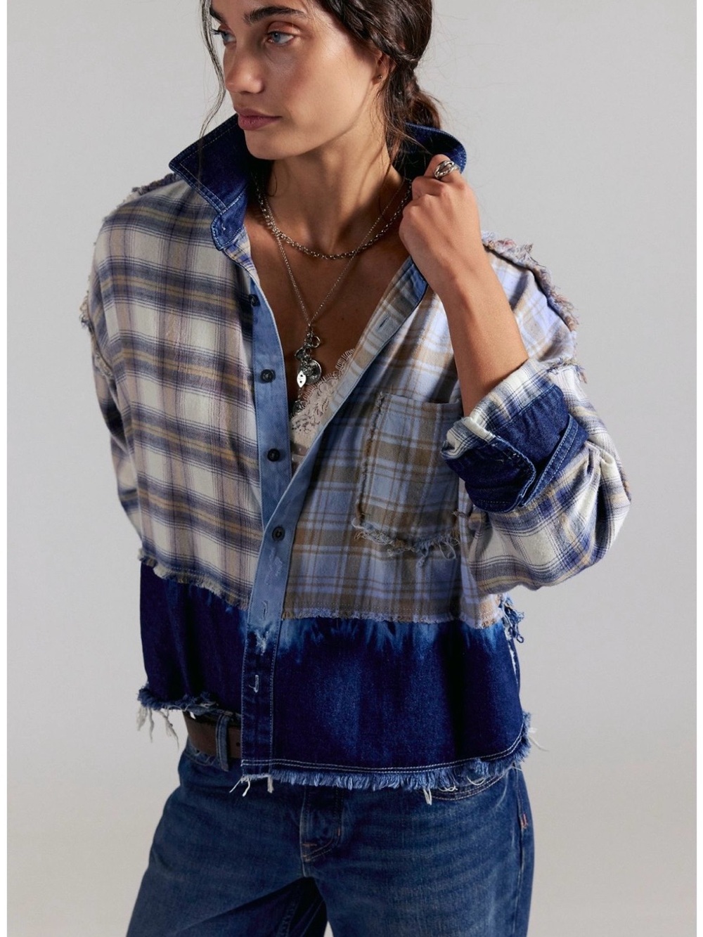 Free People The Tales Mixed Denim Plaid Denim Button Down NWT XS - Picture 4 of 4